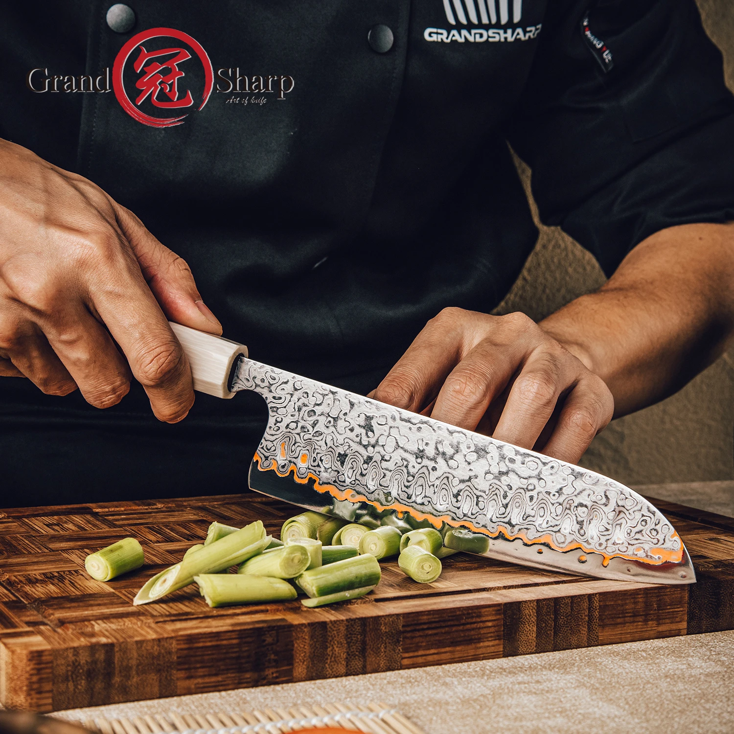 Grandsharp Japanese 7 Inch Santoku Knife Copper Damascus 55 Layers Steel 10Cr15CoMoV Core Solidified Wood Handle with Gift Boxed