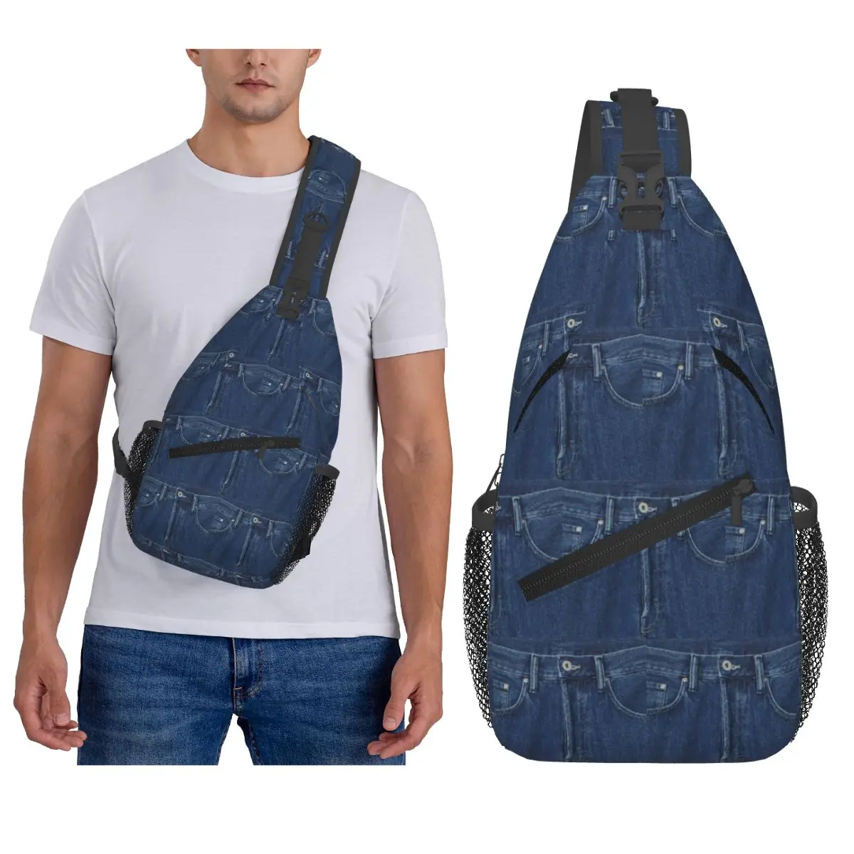 

Blue Denim Classic Jeans Texture Chest Bag Men Sling Crossbody Backpack Chest Bag Traveling Hiking Daypack Shoulder Bag