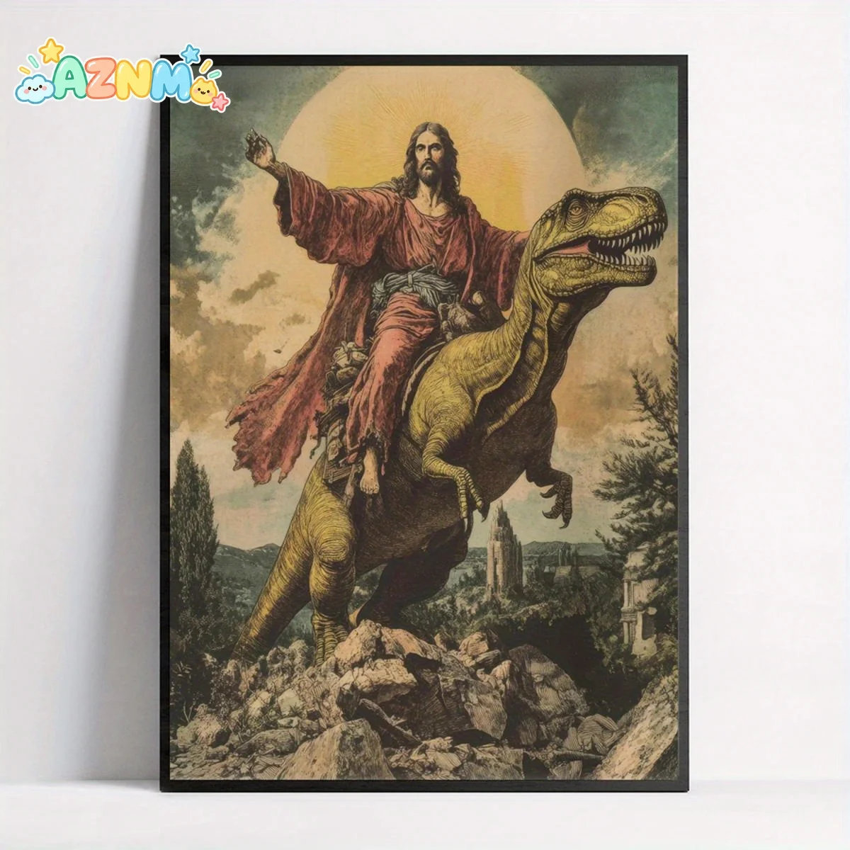 1pc Jesus Riding Dinosaur Canvas Poster - Vintage Modern Religious Art Print, Frameless Vertical Wall Decor for Living Room,