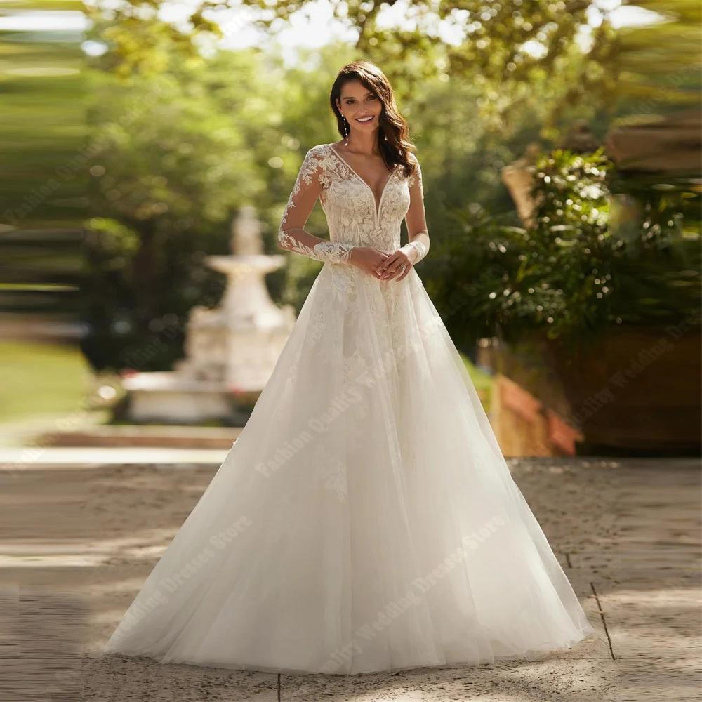 

Sexy Lace Decals Women Wedding Dresses Vintage V-Neck A-Line Bridal Gowns Party Shining Tulle Surface Design Vestidos De Novias