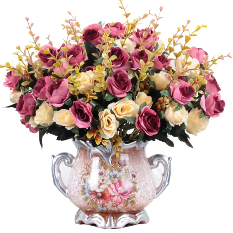 xx-European Ceramic Vase+Simulation Dried Flower Set Figurines Crafts Livingroom Office Desktop Fake Flowerpot Ornaments Decor