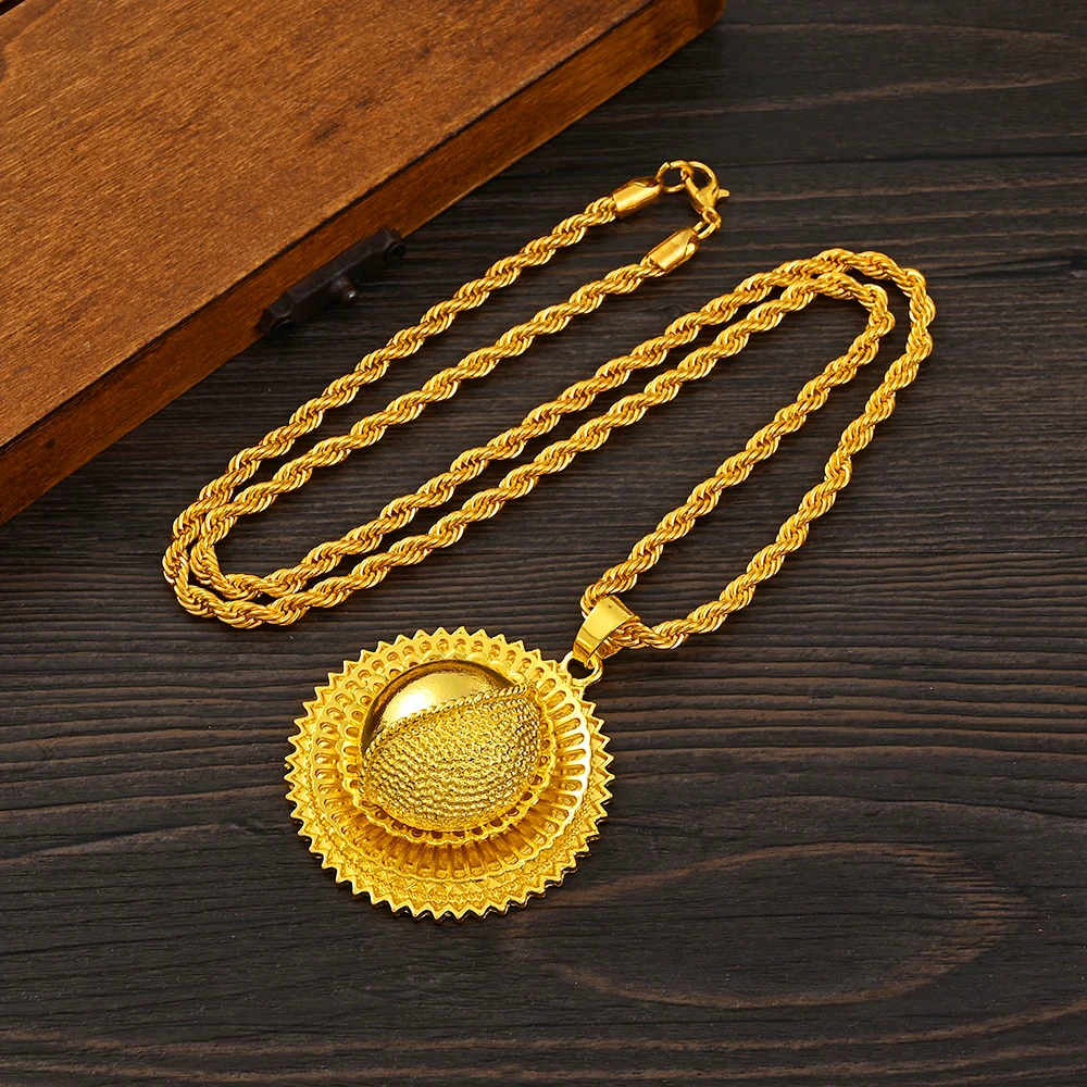 Luxury Gold Plated Bridal Jewelry Sets for Women Ethiopian Pendant Hairpin Necklace Earrings Bangle Ring Wedding Gift