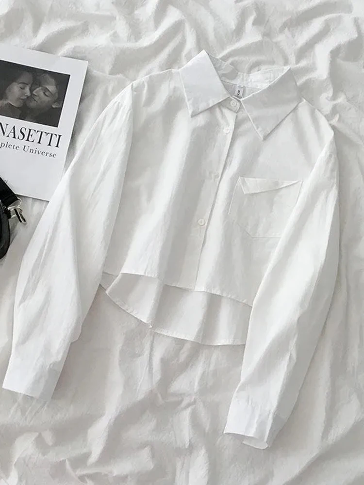 

Zoki Cropped White Shirt Women Loose Preppy Style Long Sleeve Fashion Blouse Casual Pocket Simple Female Chic All Match Tops New
