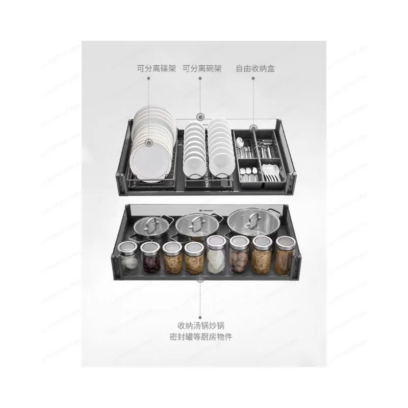 Handle-free rebound damping buffer cabinet three-sided glass dishes drawer type kitchen storage basket