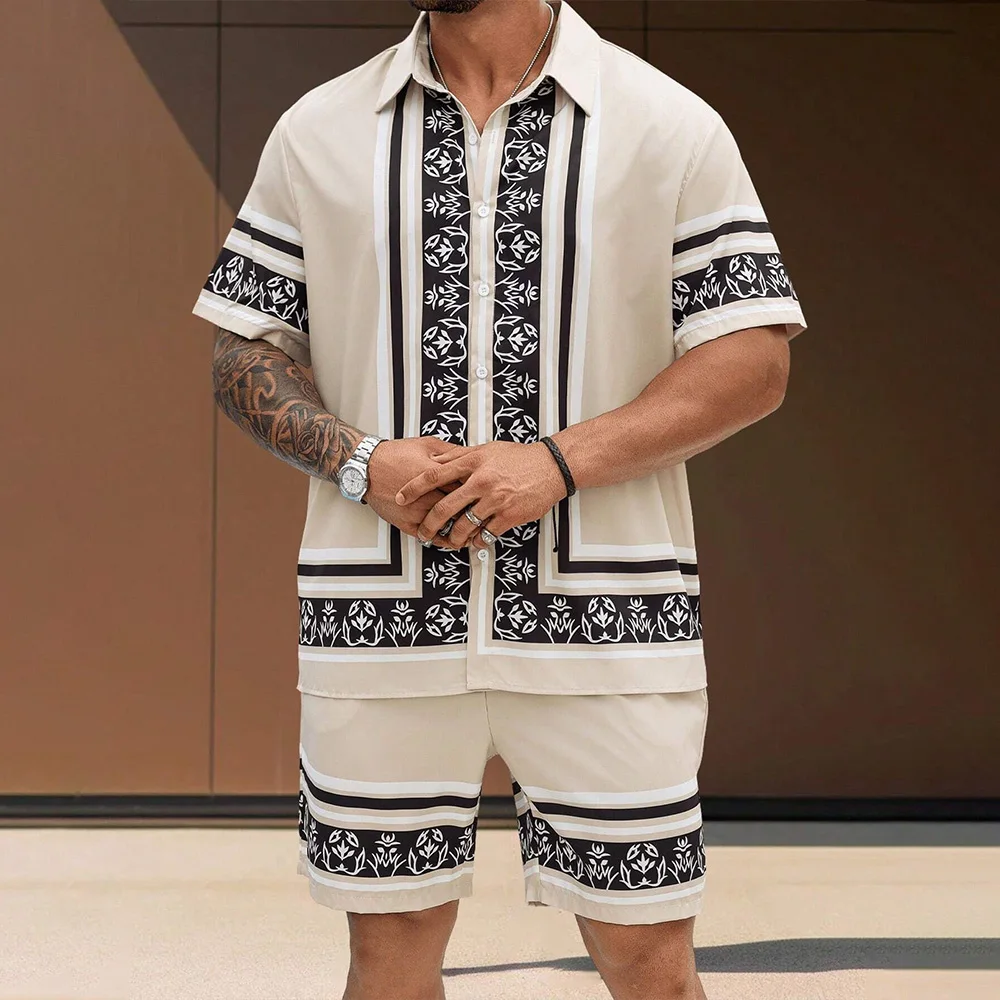 Vacation Men\'s 2-Piece Outfits Vintage Button Down Short Sleeve Shirt And Shorts Set Elastic Waist Shorts Short Sleeve Shirts