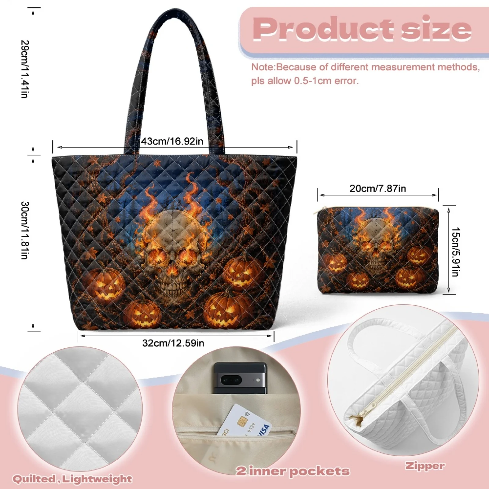 Coloranimal Halloween New Trend 2 Piece Quilted Tote Bag with Storage Pouch, Shoulder Bag Set for Womens Travel Outings