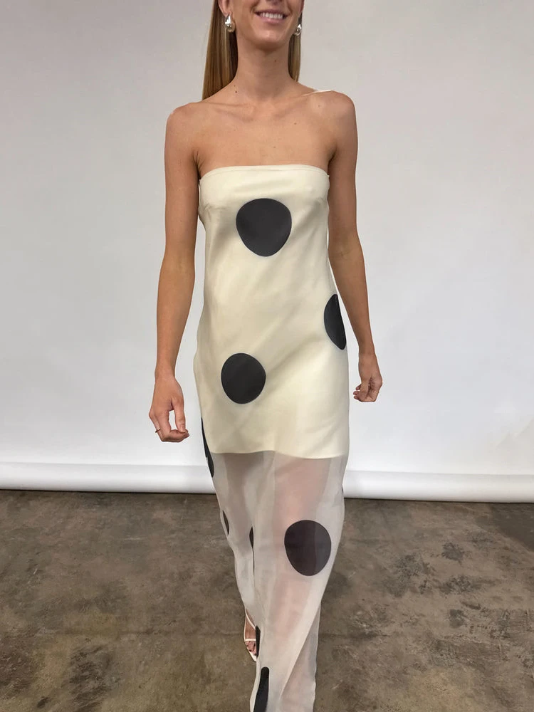 Oniflyme Polka Dots Gedruckt Patchwork Maxi Kleid Frauen Kleid Spaghetti Strap Backless Durchsichtig Outfits Party Elegante Kleider