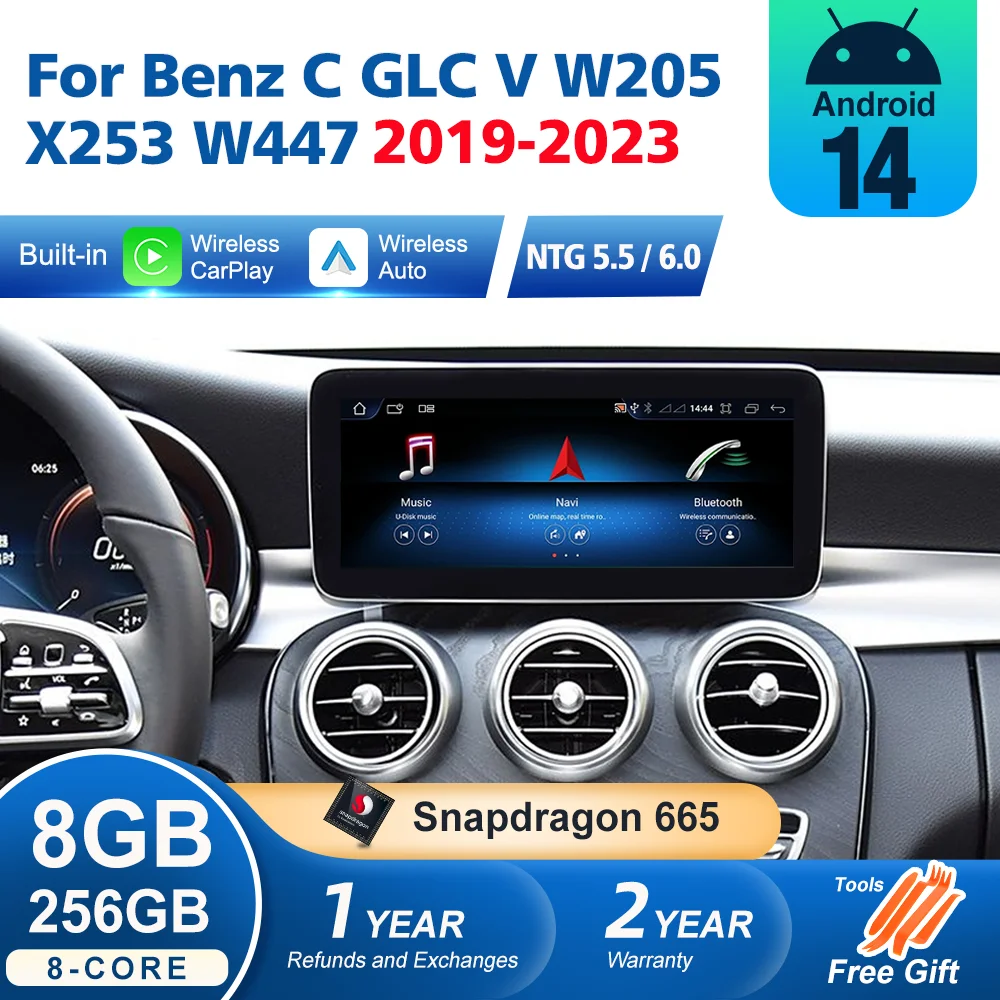 Беспроводной CarPlay Android 14, для Mercedes C GLC V W205 X253 W447 NTG 5,5 NTG 6,0 2019-2023, радио, автоматический мультимедийный плеер, экран