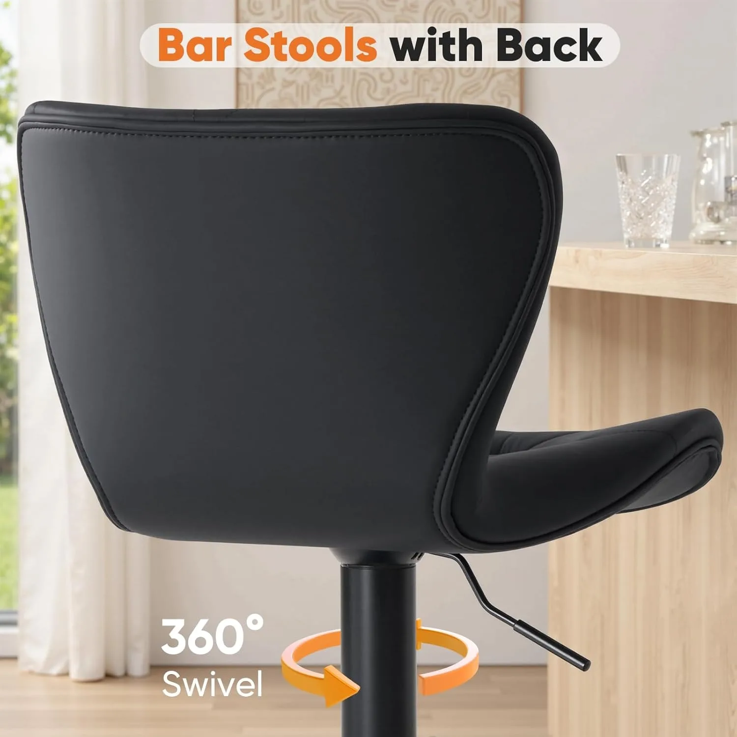 Modern Faux Leather Bar Stools Set of 2, Adjustable Swivel Counter Height Stools with Back Support for Kitchen Bar
