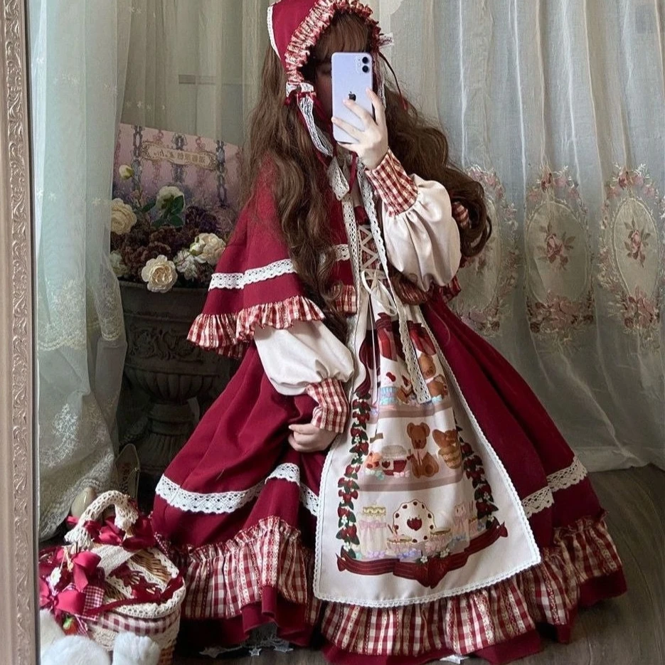 

New Year 2025 Christmas Lolita Dress Kawaii Women Sweet Lace Ruffle Patchwork Puff Long Sleeve Red Princess Plaid Halloween Set