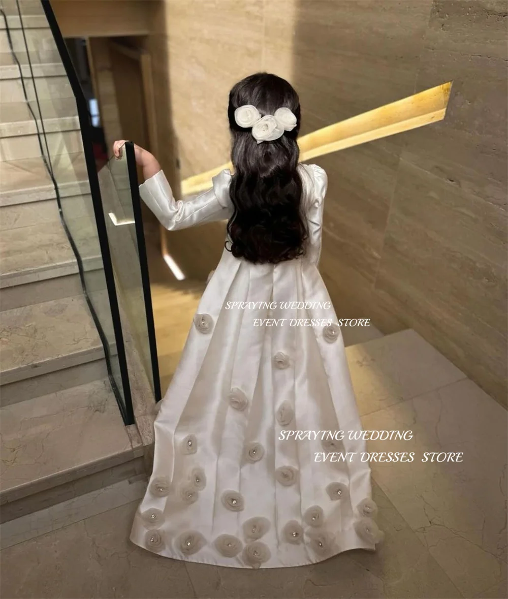 SPRAYING Long Sleeves Girl Dresses Customized Satin Sweep Train Handmade Flowers Children Wedding Dresses Birthday Formal Gown