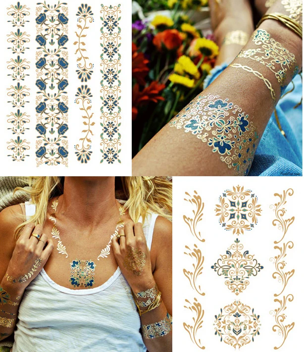 

Waterproof Temporary gold tattoo Sticker sliver metallic lace necklace tattos girl tatto stickers flash tatoo fake tattoos