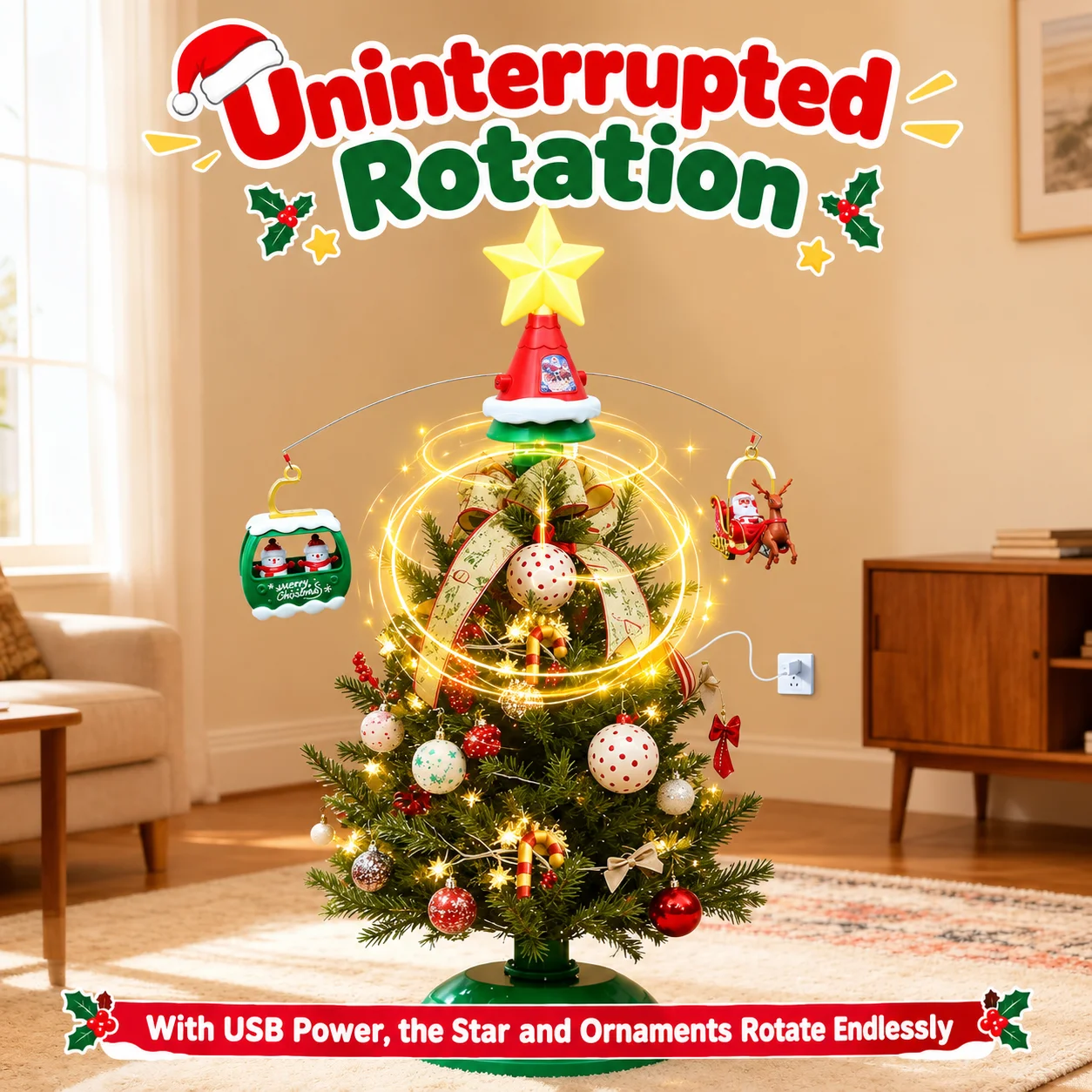 Plastic Christmas Tree Topper Toy, Rotating Cable Car & Sleigh with Light Music, USB Cable Included, Xmas Gift for Kids