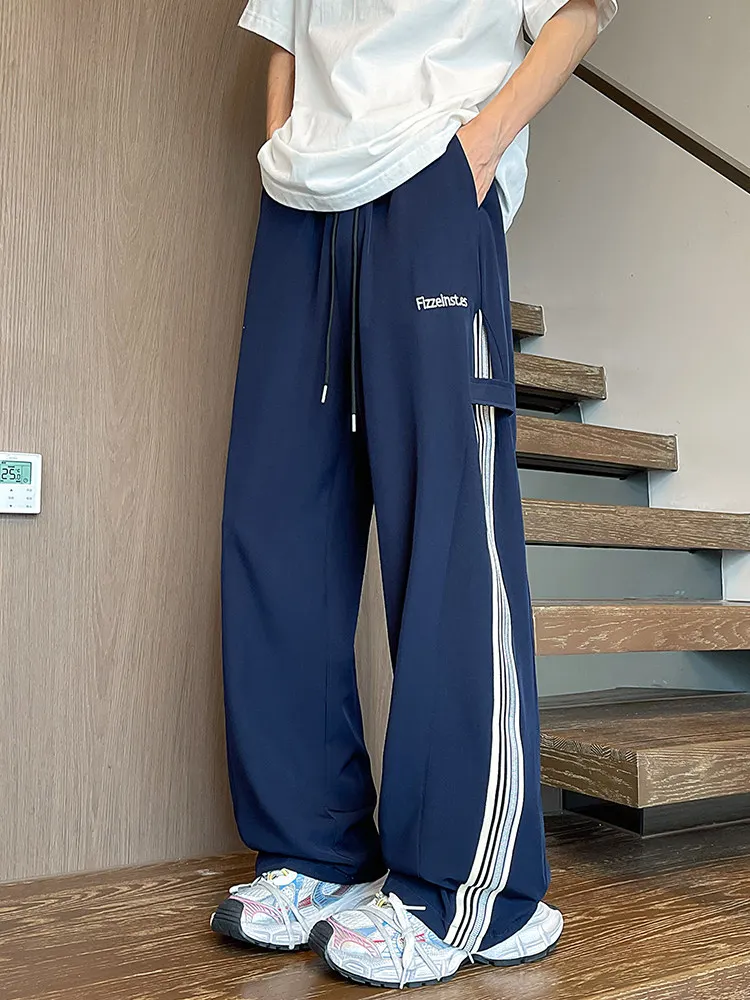

Ice Silk Straight Leg Casual Pants for Men Summer New Loose Fit American Sle Large Size Wide Leg Long Trousers Side Stripe