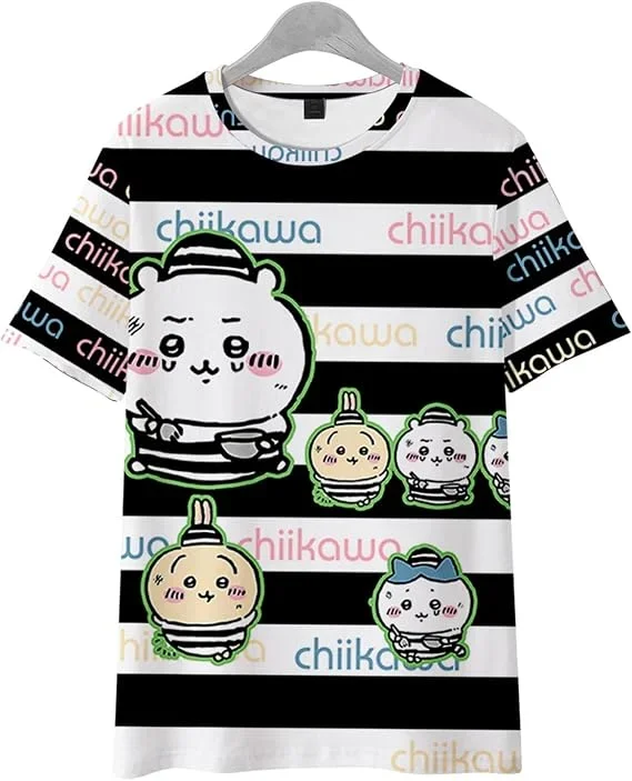 Chiikawa 3D-Druck T-Shirt Schwarz-Weiß Gestreiftes Kurzarm-Shirt Niedlicher Cartoon-Charakter Lässiges Unisex-Sommer-Oberteil Familien-Partnerlook – Detail 9