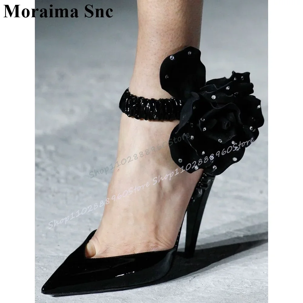 

Runway Black Patent Leather Flower Decor Sandals Thin High Heel Shoes For Women Pointed Toe 2025 Fashion Zapatos Para Mujere