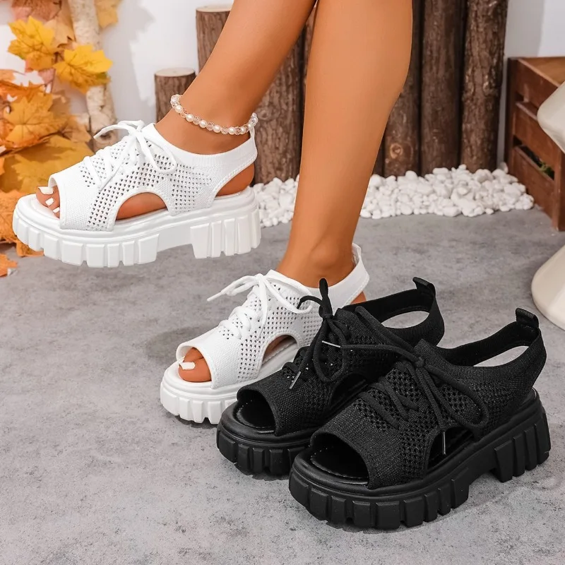 

Women Wedge Sandals Anti-slip Mesh Casual Women Platform Sandals Lace-Up Open Toe Beach Shoes for Women New Sandalias De Mujer