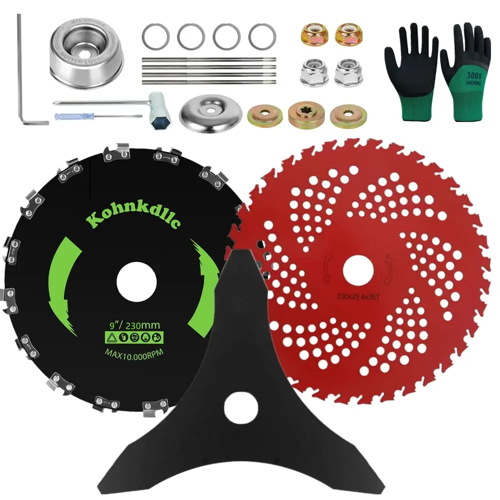 

9" x 20T Chainsaw Tooth Cutter, 9" x 36T Carbide Blades, 10" x 3T Carbon Steel Brush Cutter with Files & Adapter Kit for Trimmer