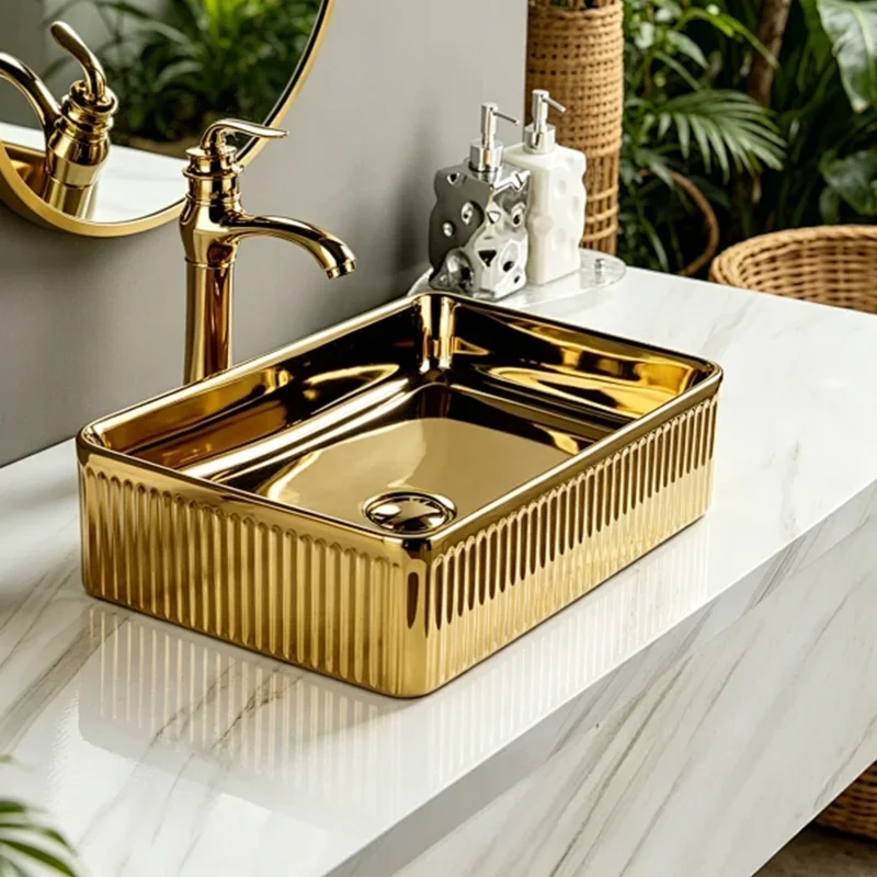 51Cm*35Cm Rectangular Gold Striped Ceramic Washbasin, Ideal for Modern Bathroom Fixtures, Suitable for Changing Rooms, Vanity Tables, Bathrooms, Toilets, and Rvs