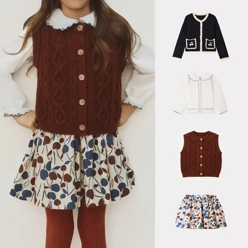 Children's Clothing 2026 BP Vest Autumn Baby Girls Print Dress Handmade Crochet Cardigan for Girls Kids Shirts & Skirts Set