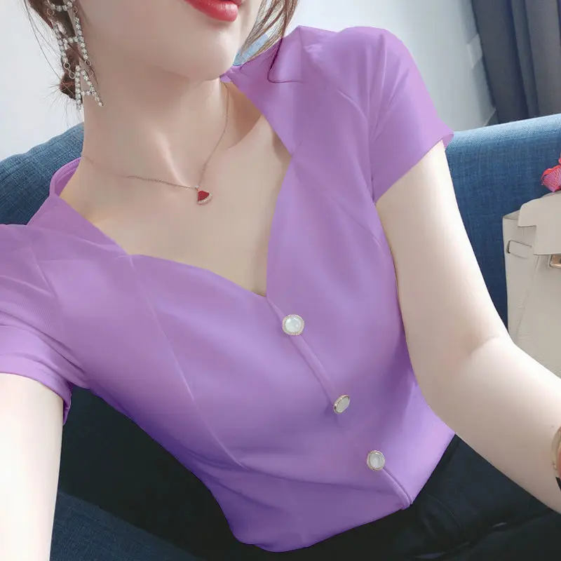 Elegant V-Neck Button Solid Color Blouse Female Clothing 2024 Summer New Commute Tops All-match Office Lady Shirt