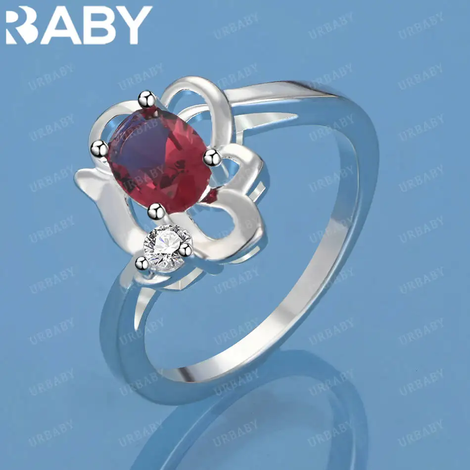 

URBABY 925 Sterling Silver Size 7-10 Red Zircons Ring For Women Fashion Jewelry Charm Grace Wedding Engagement Accessories