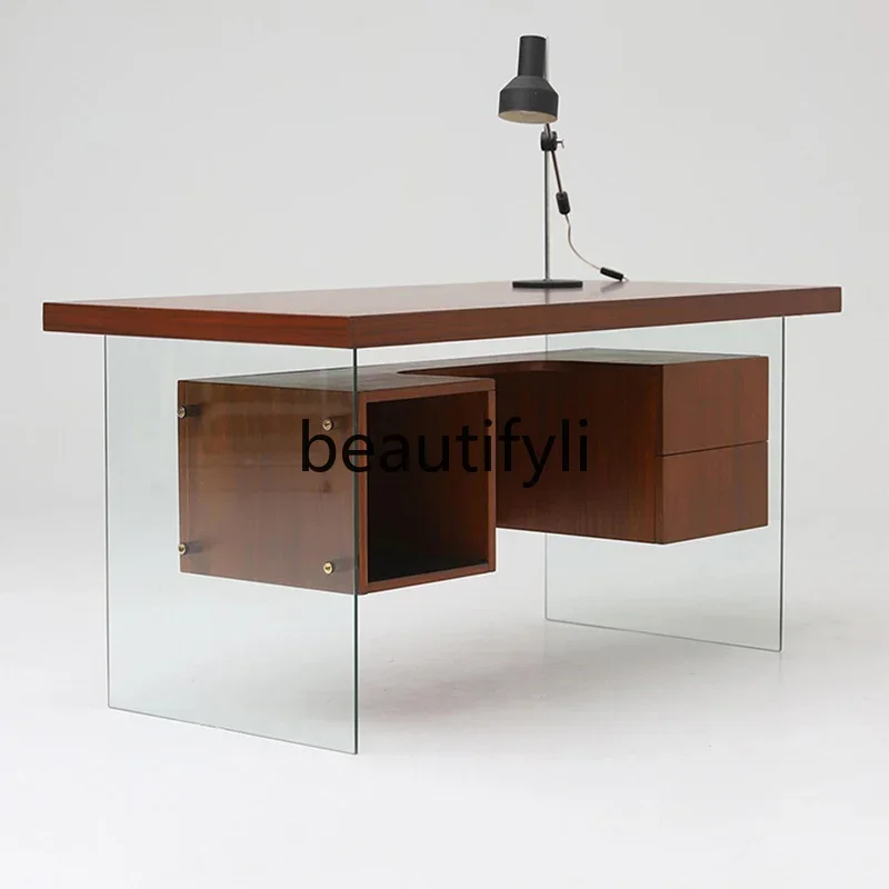 

Medieval style desk glass table legs retro designer walnut color desk wabi sabi minimalist modern minimalist