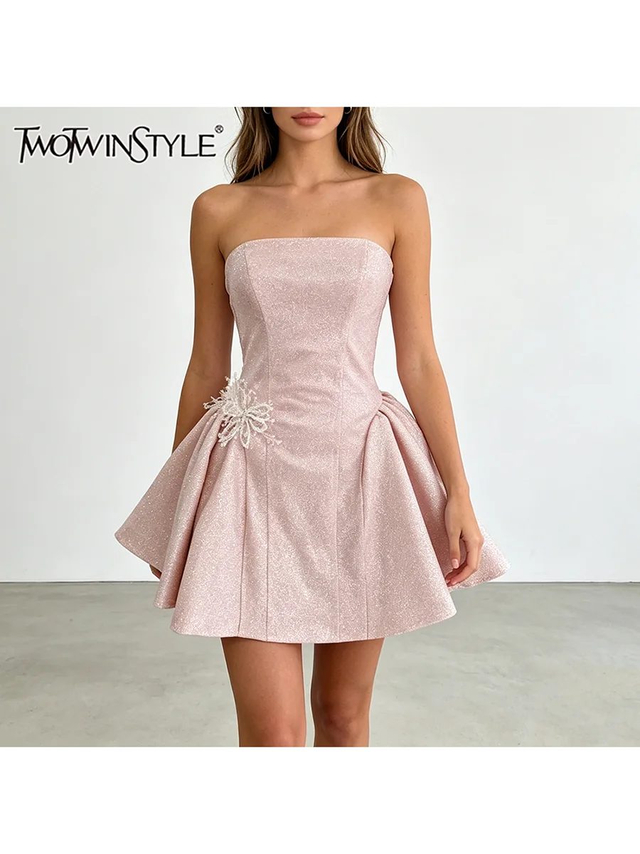 TWOTWINSTYLE Solid Slimming Spliced Beading Floral Dresses for Women Strapless Sleeveless Patchwork Zipper Causal Dress Female