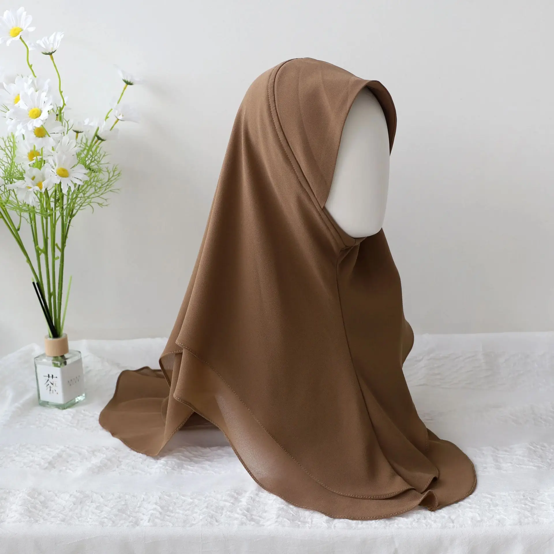 

Muslim Women Hat Hijab Double Fabric Chiffon Elegant Soft Pink Headscarf Hats Convenient Working Headwear Cap Hijabs Women