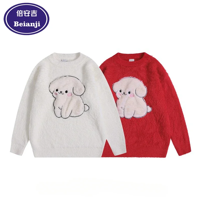2025  Men's sweater Winter fun cartoon flocking Chinese New Year vintage loose couple casual red crew-neck pullover sweater