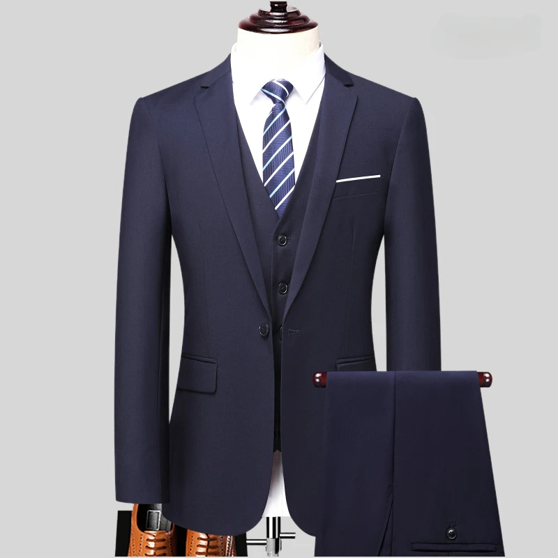 S-6XL Balck Gray (Blazer+ Vest+ Pants ) Men Business Formal Suit Slim Fit Gray Black Navy Blue 3-piece Suit Groom Wedding