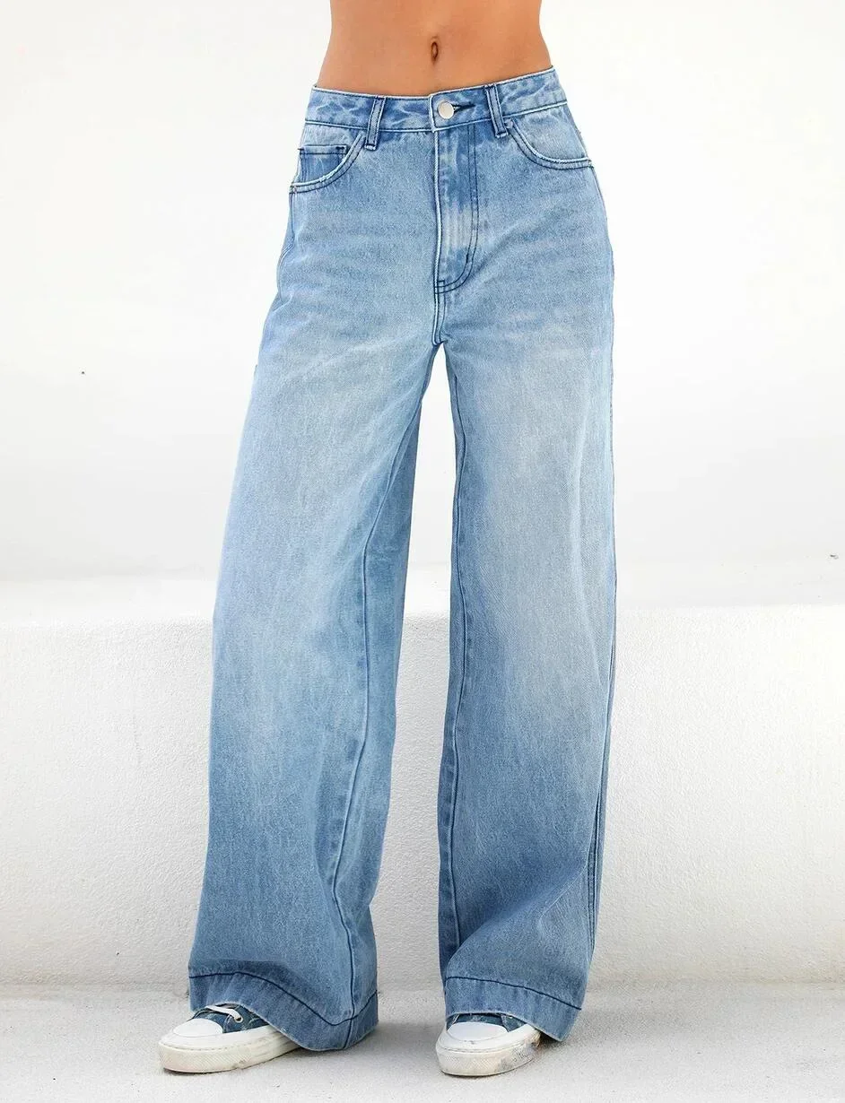 Women denim pant Jeans Wide Leg Pants Pockets Streetwear Loose High Waist Full Length Washing Zipper Fly Flat Solid Color 2025