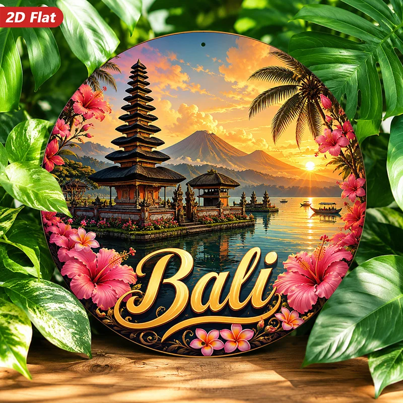2D Flat, 1pc Round Metal Sign Wall Art, Bali Themed Home Decor, Tropical Landscape Art, Floral Elements, Balinese Architecture,