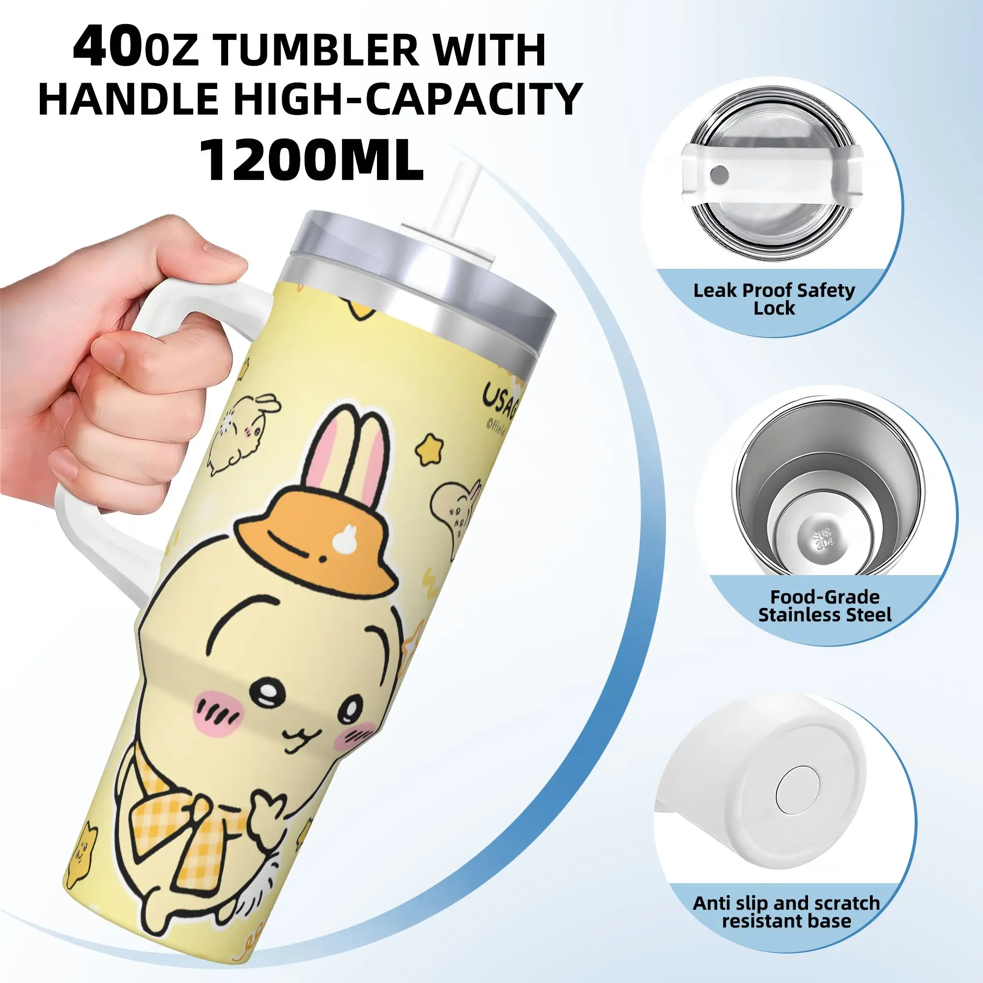 usagi كوب حراري للشاطئ مصنوع من الفولاذ المقاوم للصدأ مع شفاطات وغطاء، أكواب كبيرة للسيارة، زجاجة مياه باردة وساخنة