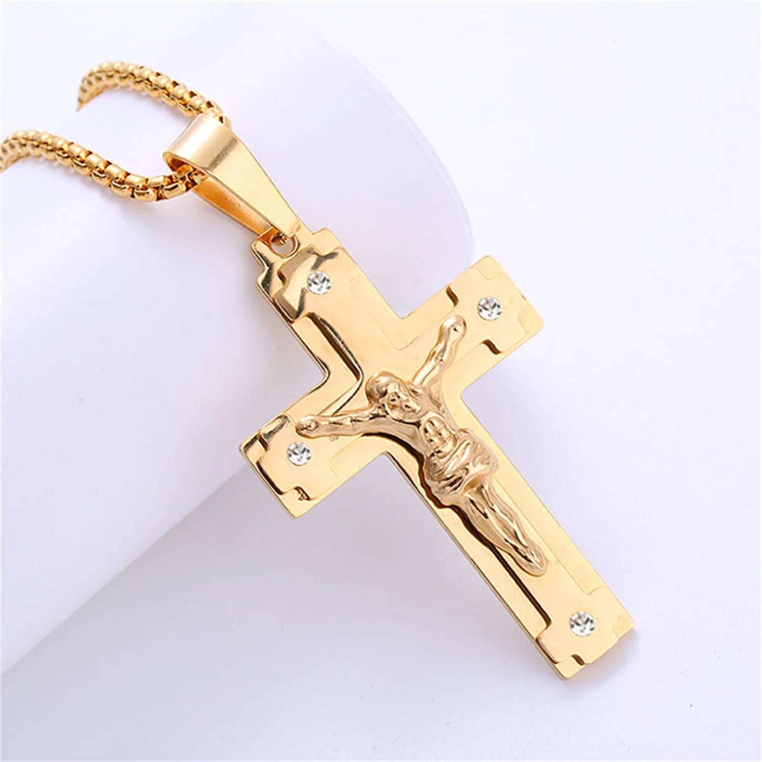 Big Jesus Christ Cross Pendant Dropshipping Gold Color Stainless Steel Christian Amulet Necklace for Men Religious Jewelry Gift