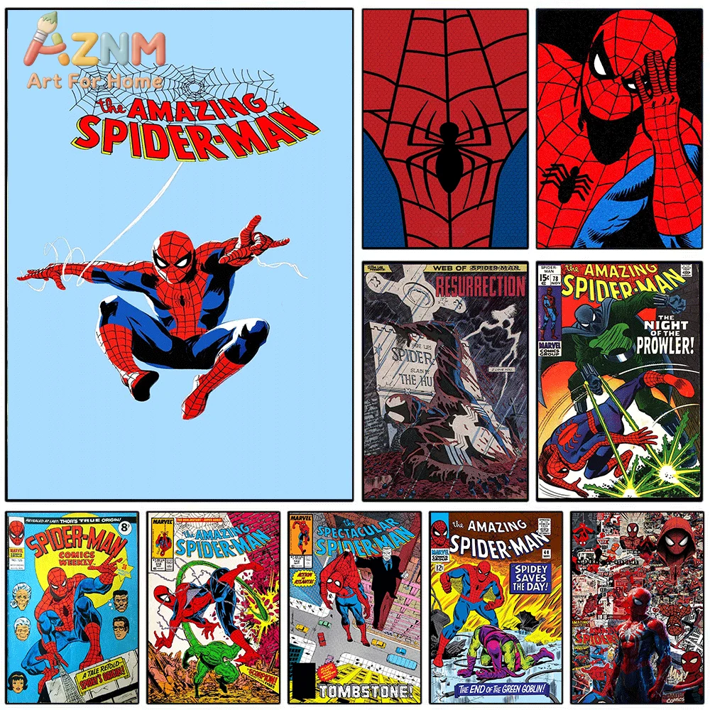 AZNM Impresión en Lienzo Vintage de Spiderman, Póster de Arte de Portada de Cómic Clásico de Superhéroe, Pintura en Lienzo Sin Marco