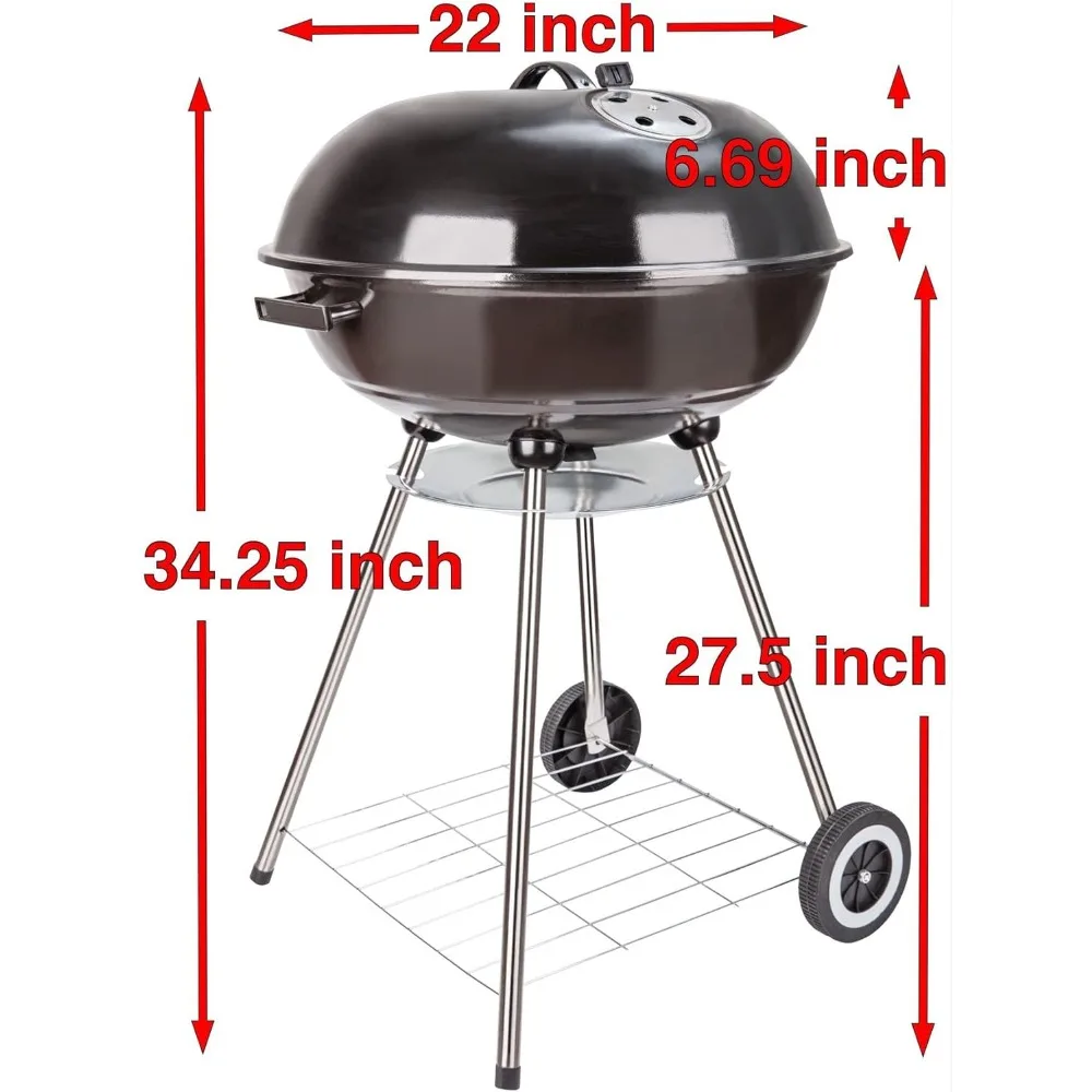 22 Inch Portable Charcoal Grill with Accesories 5 Pieces Grilling Utensil for Outdoor Cooking Barbecue Camping BBQ Kettle Grill