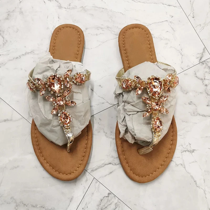 Women Gladiator Sandals Summer Beach Diamond Big Size Fashion Female Sandal Roman Rhinestones Flat with Woman Casual Shoes