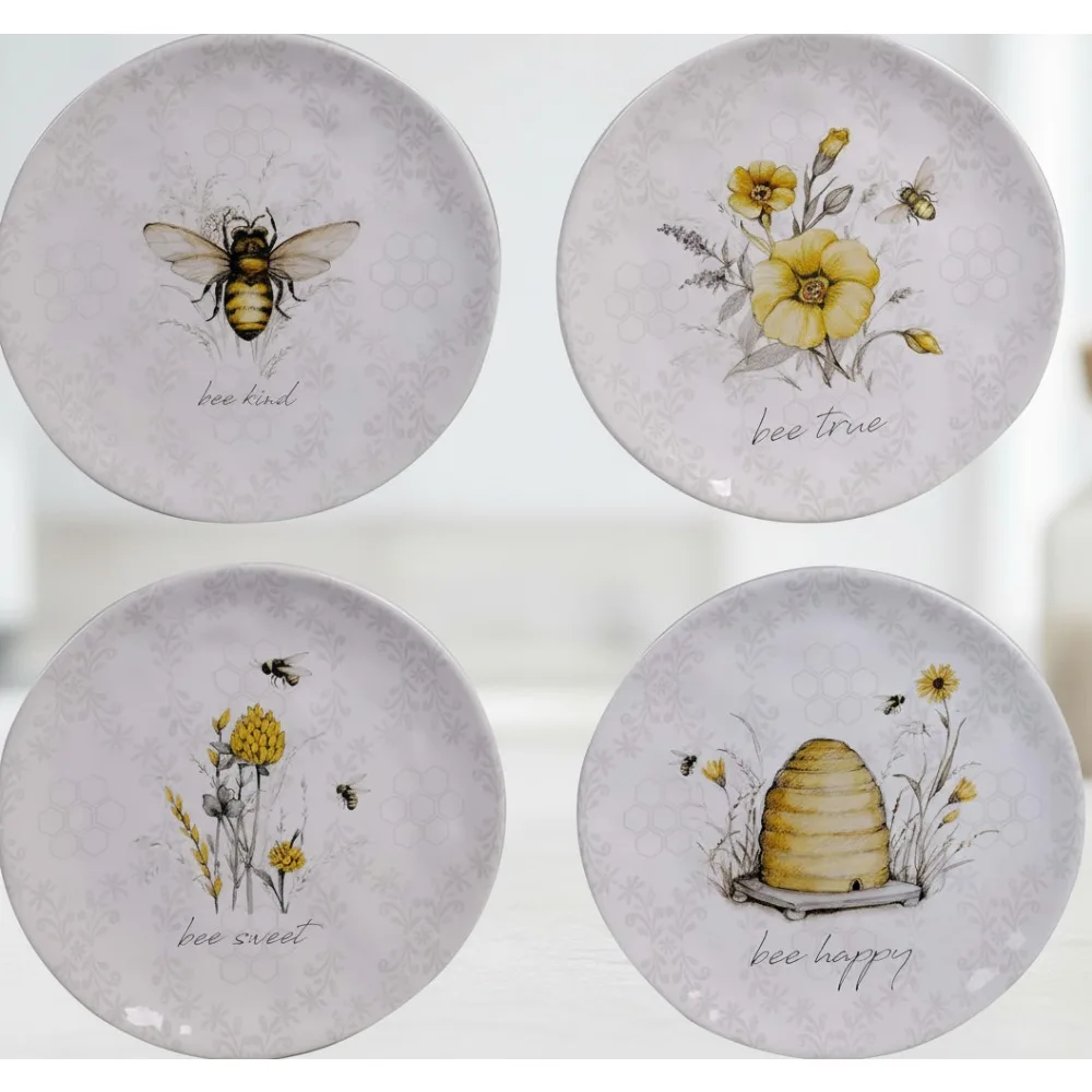 

Bee Floral Ceramic Plates Set of 4 with Uplifting Sayings, Cottagecore Tableware for Spring Dining & Gifts