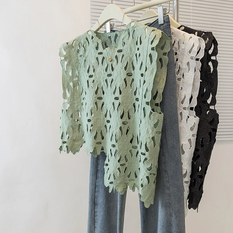 

Многослойный асимметричный женский топ с вырезами и водорастворимыми цветами, летняя повседневная верхняя одежда