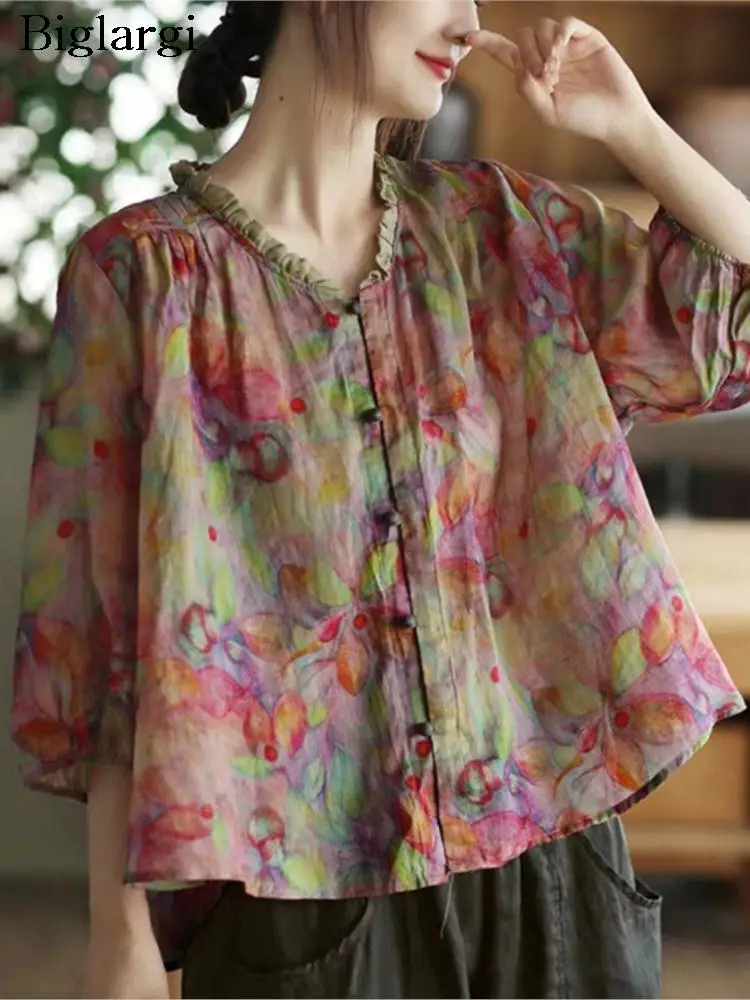 Oversized Summer Floral Tops Women Flower Print Cotton Linen Loose Ladies Blouses Fashion Casual Woman Tops 2023