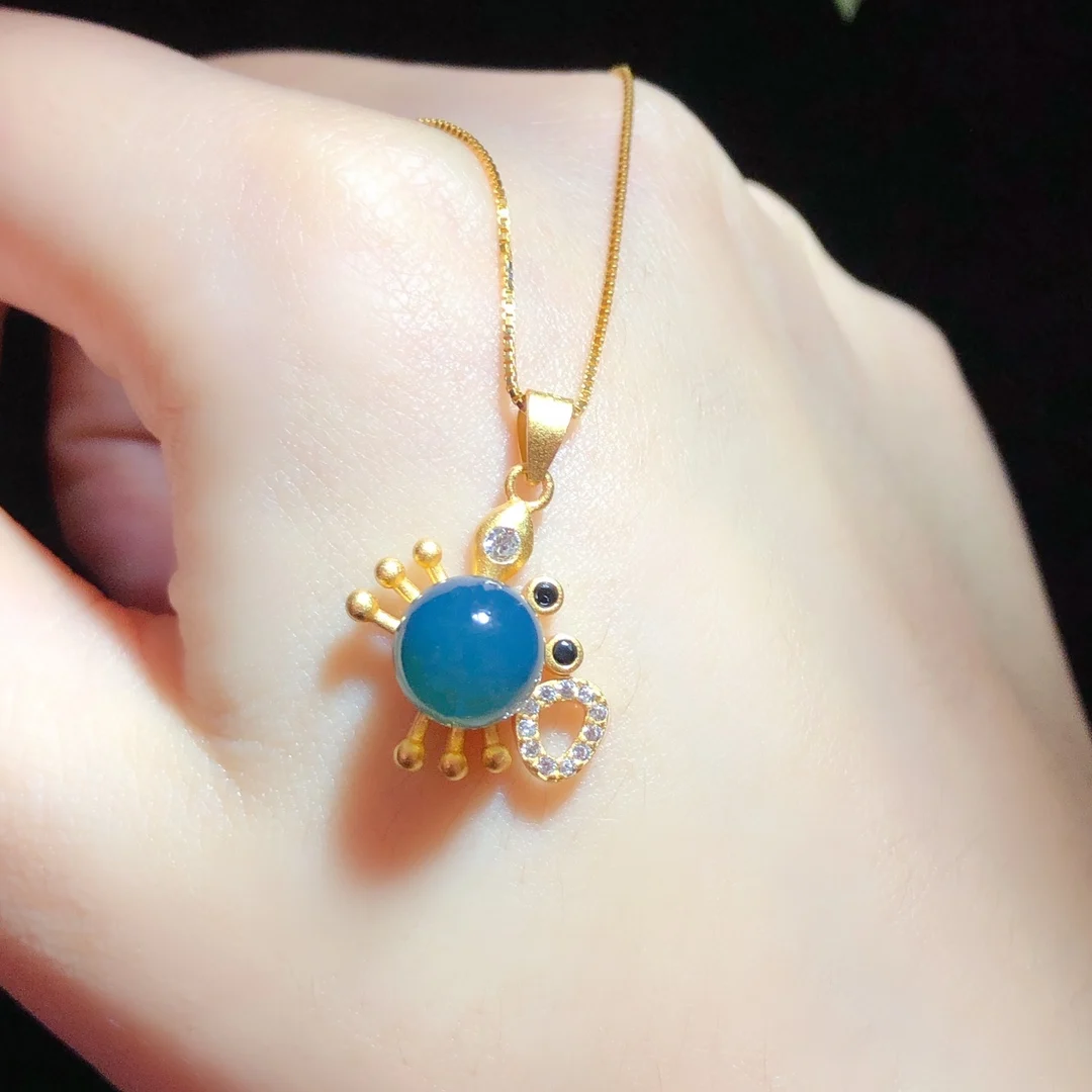 Pure Silver Mexican Blue Amber Pendant 7mm Crab Design Natural Gemstone Jewelry Gift for Women