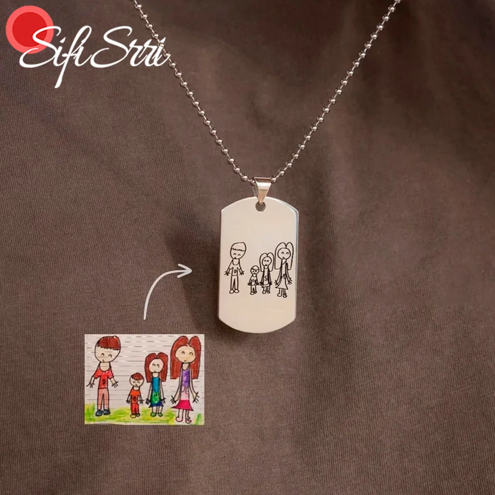 Sifisrri Engrave Kids Art Drawing Handwriting Dog Tag Necklace Picture Rectangle Pendant For Women Men Birthday Jewelry Gift