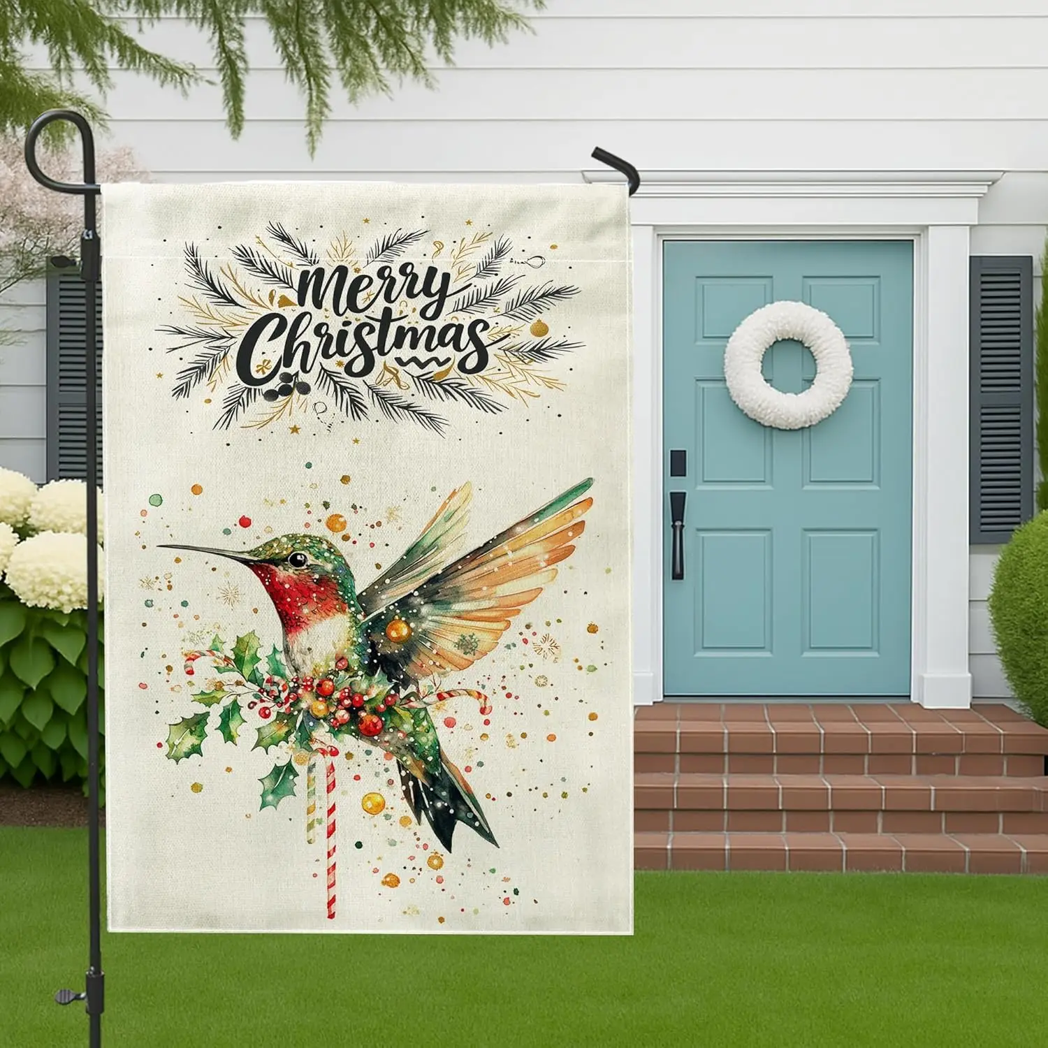 Christmas Hummingbird Bird Front Yard Backyard Burlap Garden Flags 12x18 Double Sided for Outside, Xmas Balls Snowflakes Pat WZZ