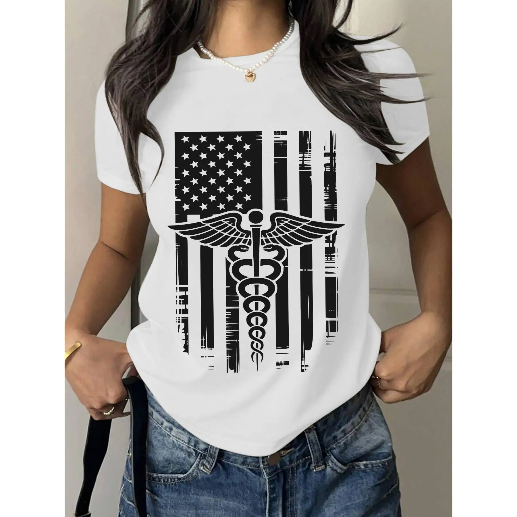 

Patriotic Medical Staff T-shirt for Women American Flag & Caduceus Graphic Tee Casual Top