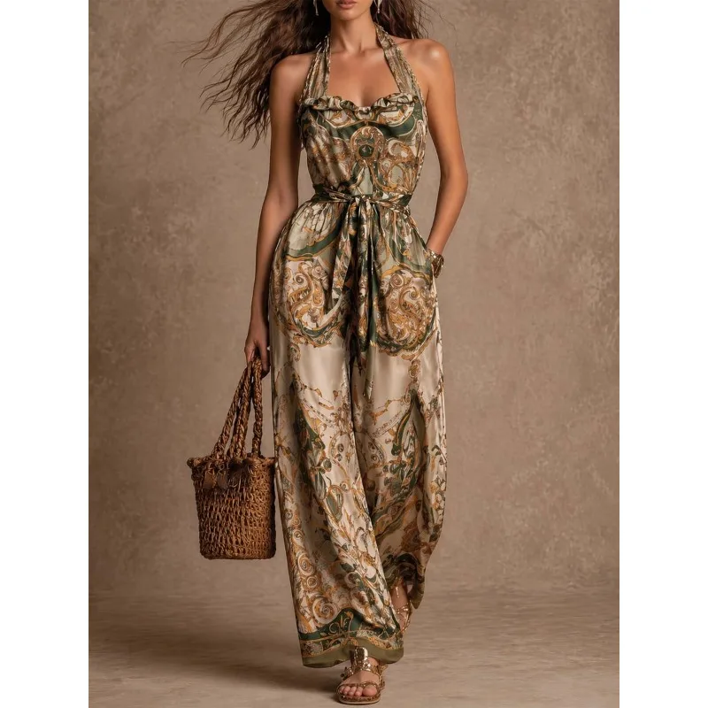 

Women's Sleeveless Jumpsuit Overall Pants Playsuit Digital Print Pocket Tie Front Summer Spring