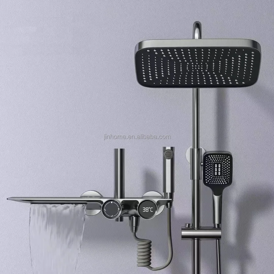 Brass thermostatic Shower Set Wall Mounted Waterfall Bathroom Shower Faucet 4 Functions Shower Kit With Digital Display