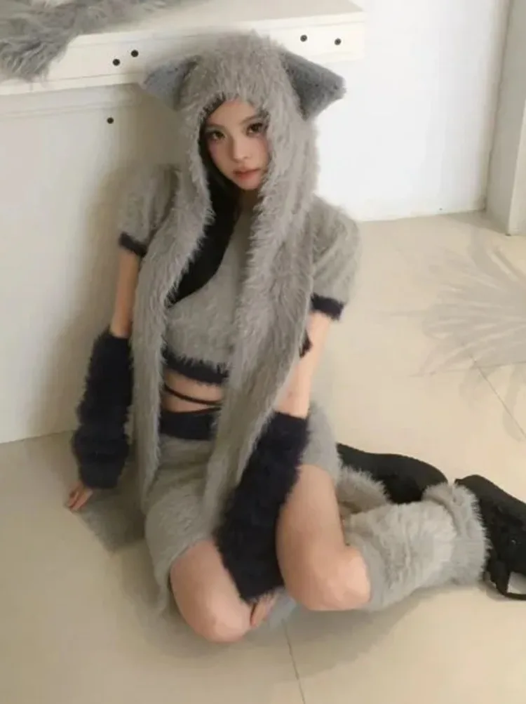 

Kawaii Y2k Knitted Sets Women Cat Ears Hat + Oversleeve + Slim Crop Top + Bandage Mini Skirt and Fluffy Leg Warmers Sexy Suits