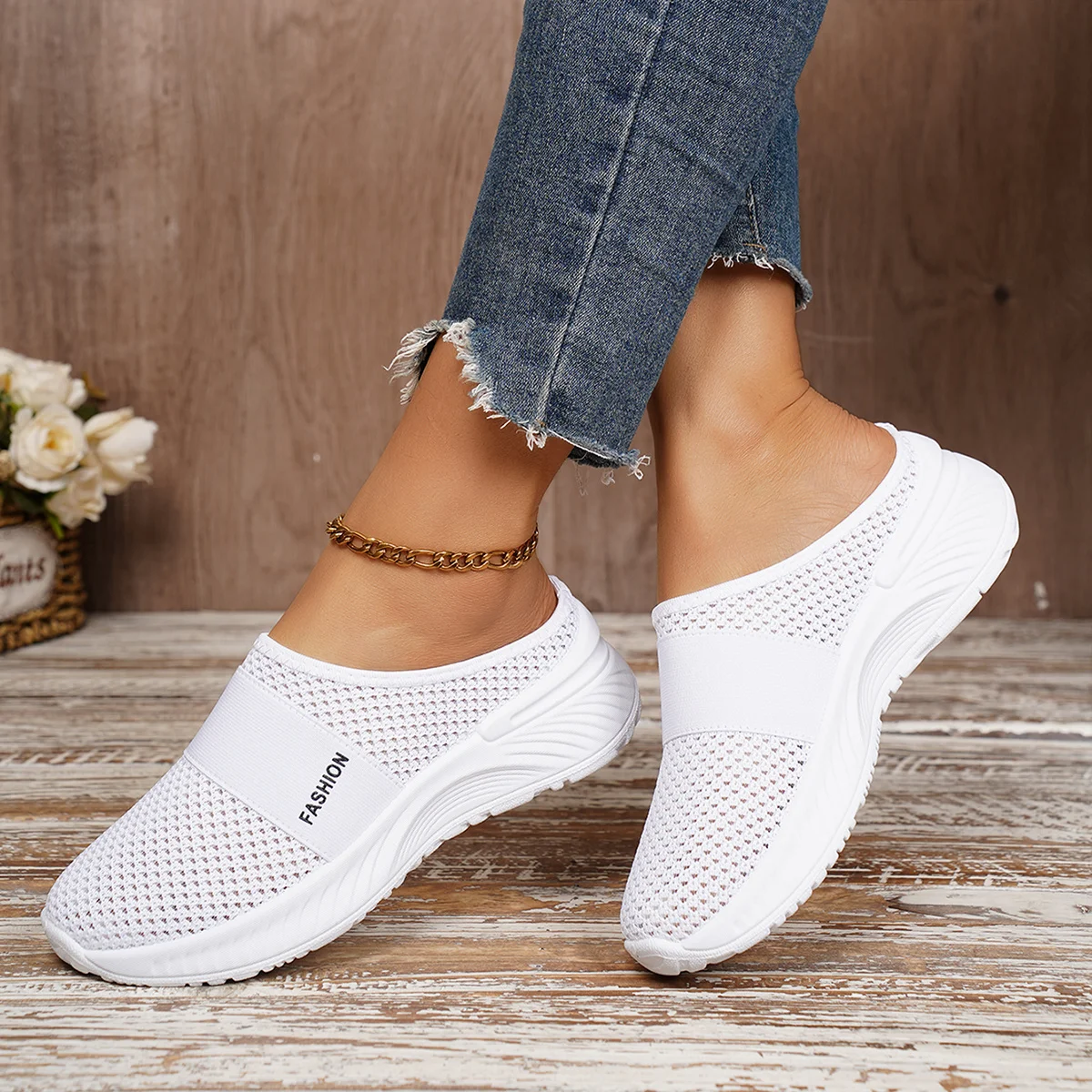 Breathable Mesh Upper White Slip-On Sneakers For Women, Soft Cushioned Comfort Fit Slipon Casual Shoes With Durable PVC Sole