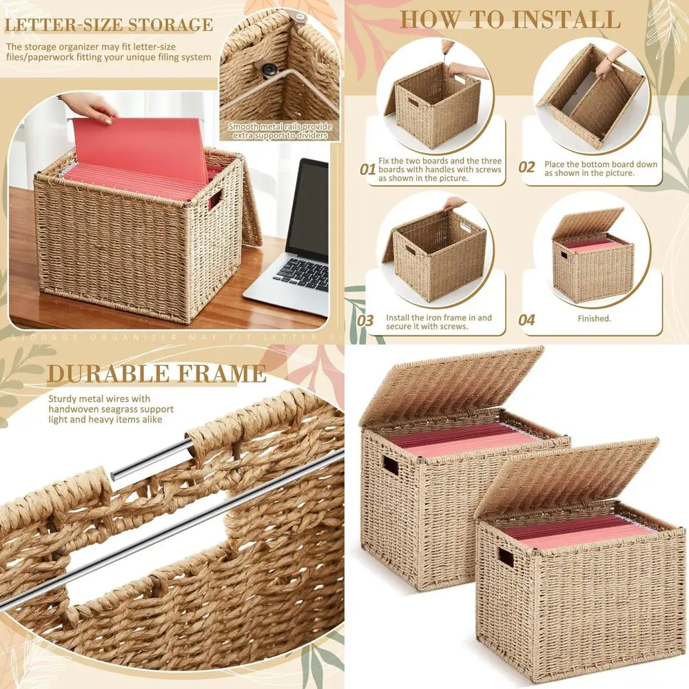 

Letter Size Seagrass Hanging File Boxes, Collapsible Storage for Office & Home, Natural Decorative Organizer